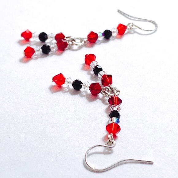 VTG Artisan Sterling Filled Swarovski Red Black Crystal Dangle Earrings Handmade - Picture 13 of 16